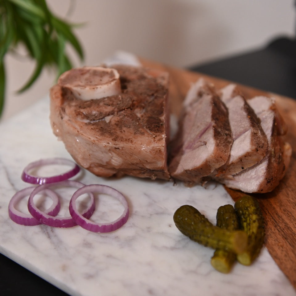 Sliced Pastured Pork Picnic Roast.