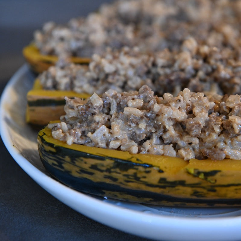 Stuffed squash with 100% Grass-Fed Ground Beef and rice filling.