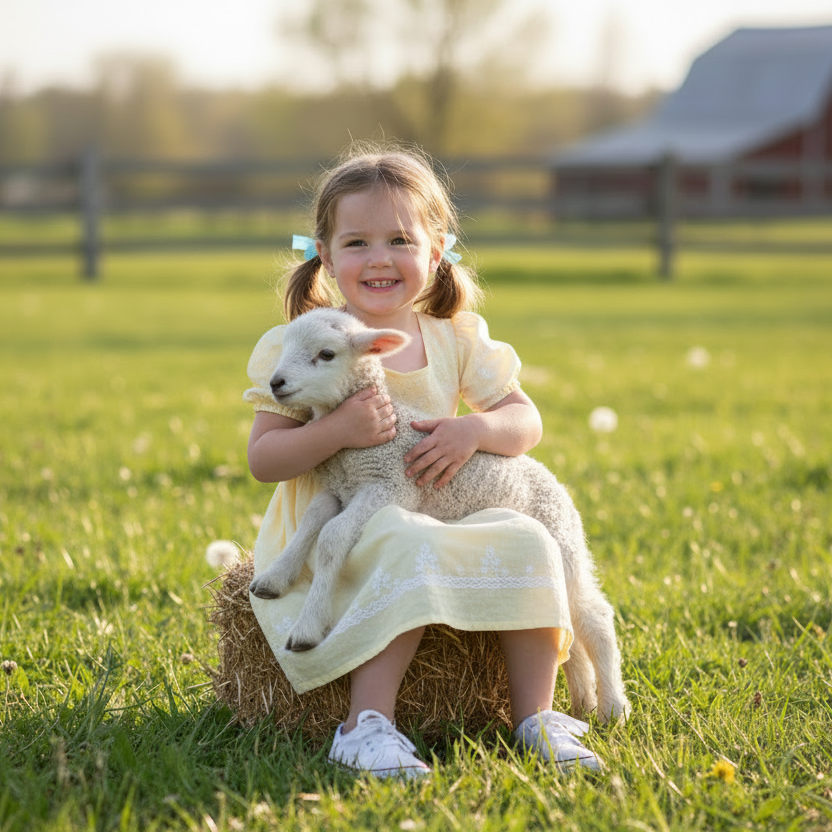 Young girl holding a lamb in a grassy field with a barn in the background